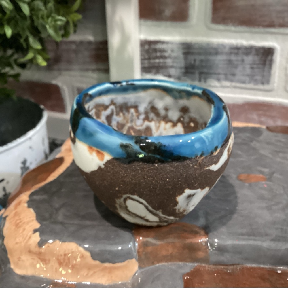 🔵 Handmade Ceramic / Pottery Crafted Bowl - Pretty Blues, Browns, White & Black - Picture 4 of 11